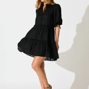 Layla Smock Dress in Black Linen Blend